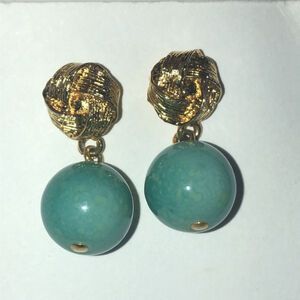 LCI Gold Tone Knot & Semi Precious Teal Beads Pierced Earrings
